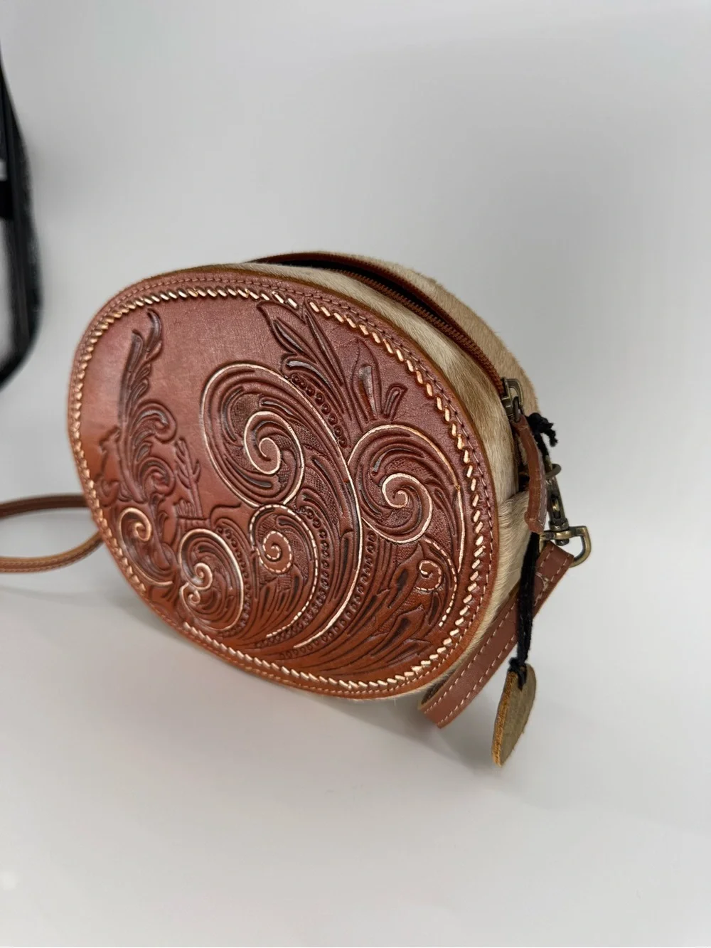 Myra Bag Brown Leather Round Crossbody with Tooled Detail